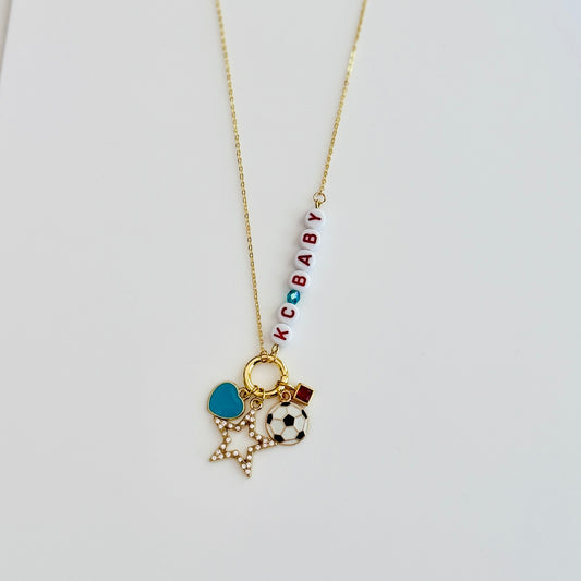 KC Baby Charm Necklace – Kansas City Soccer Ball + Teal & Red Letter Beads on Gold Chain