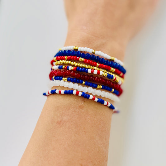 Blue and Red Beaded, 10 Bracelet Stack – With White and Gold Seed Beads, School Spirit Jewelry