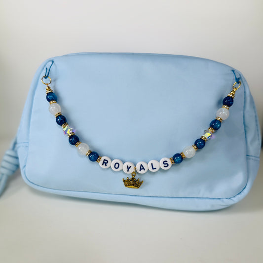Royals Bag Charm – Blue & White Beaded Purse Chain with Letter Beads & Crown Charm