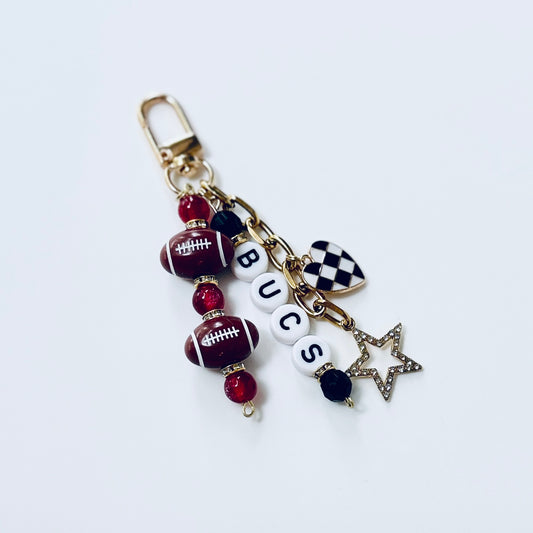Buccaneers Football Beaded Keychain: Gold Bag Charm with Enamel Heart and Star
