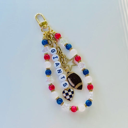 Giants Football Bag Charm – Blue, Red and White Beaded Keychain, Game Day Purse or Backpack Accessory, Handmade Fan Gift