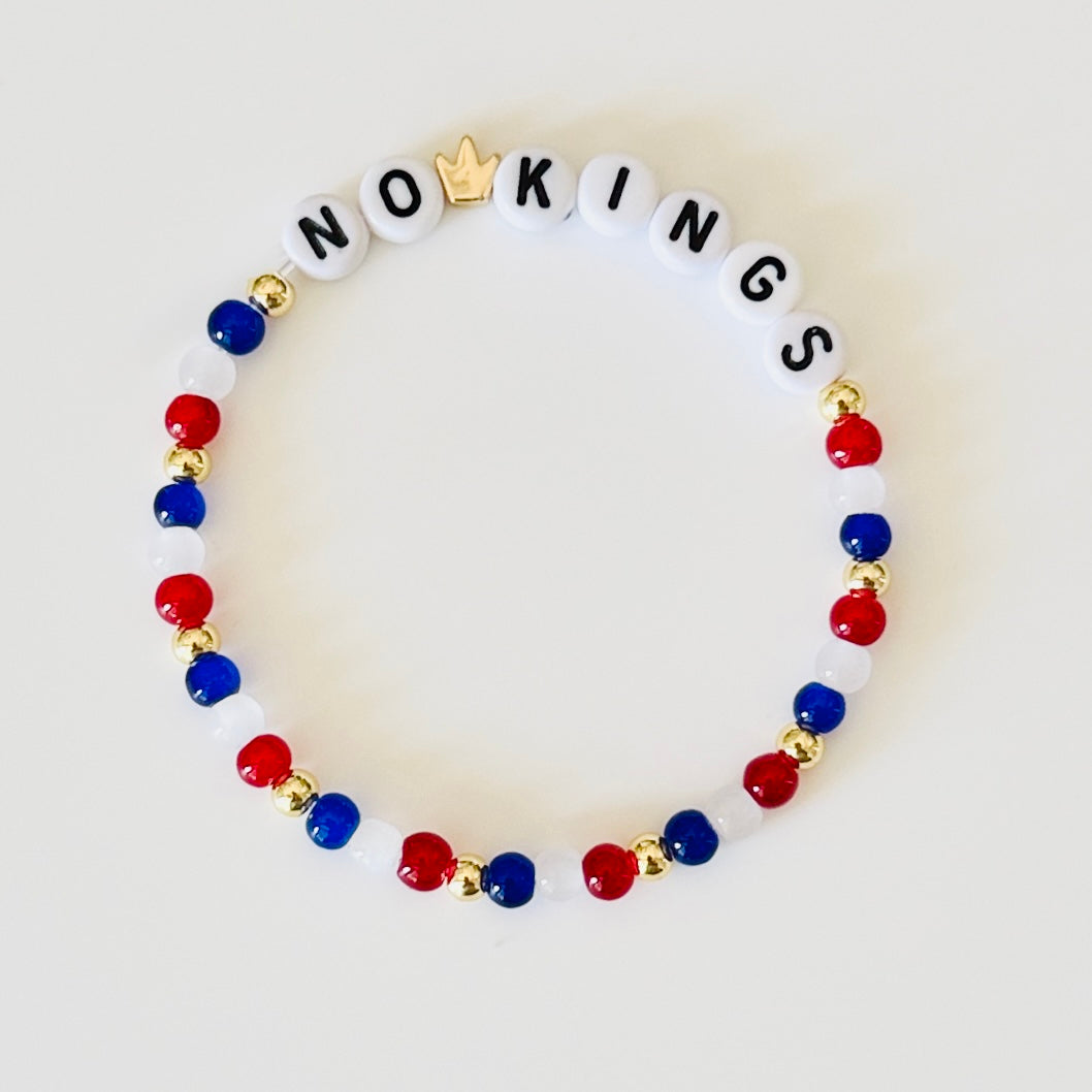 NO KINGS Bracelet – Red White Blue Beaded Stretch Bracelet with Gold Crown Accent | Anti-Patriarchy Statement Jewelry | Handmade Gift