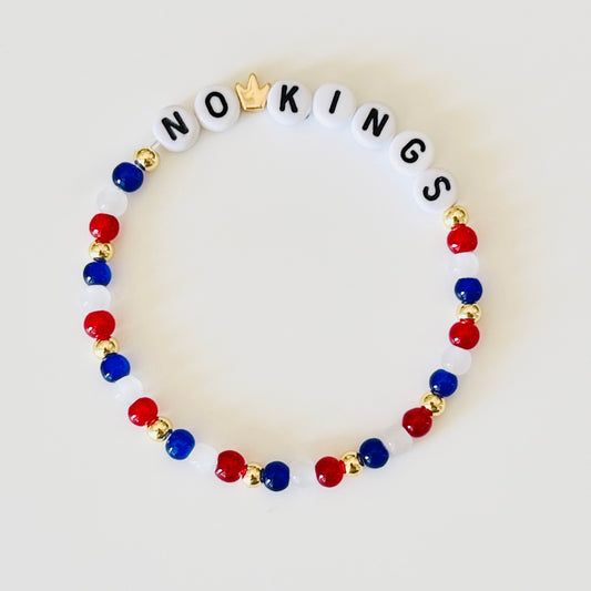 NO KINGS Bracelet – Red White Blue Beaded Stretch Bracelet with Gold Crown Accent | Anti-Patriarchy Statement Jewelry | Handmade Gift