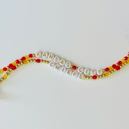 Red and Gold Kansas City Chiefs Inspired Bracelet Stack – Czech Fire Polished Beads, 18k Gold Accents – Handmade Game Day Jewelry