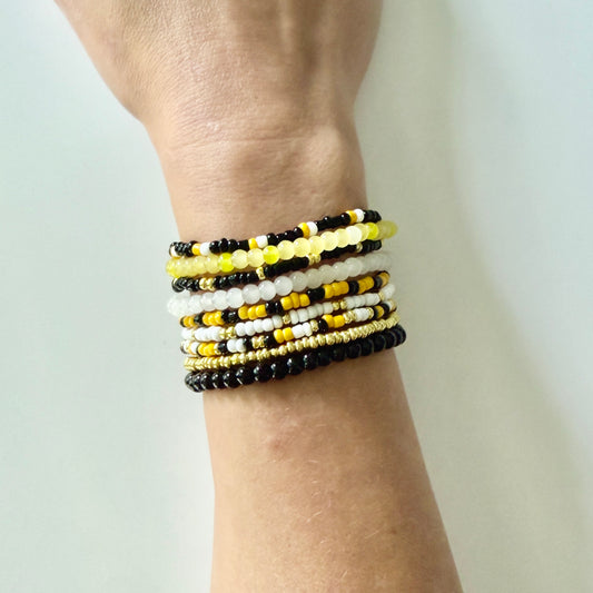 Yellow and Black Beaded, 10 Bracelet Stack – With White and Gold Seed Beads, School Spirit Jewelry