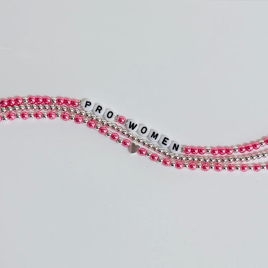 Pro-Women Bracelet Stack – 3-Piece Beaded Stretch Set in Pink, Blue or White Pearls & Gold, Handmade Feminist Jewelry Gift