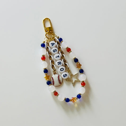 Astros Baseball Bag Charm – Handmade Beaded Keychain with Star and Baseball Charms, Fan Gift, Game Day Accessory