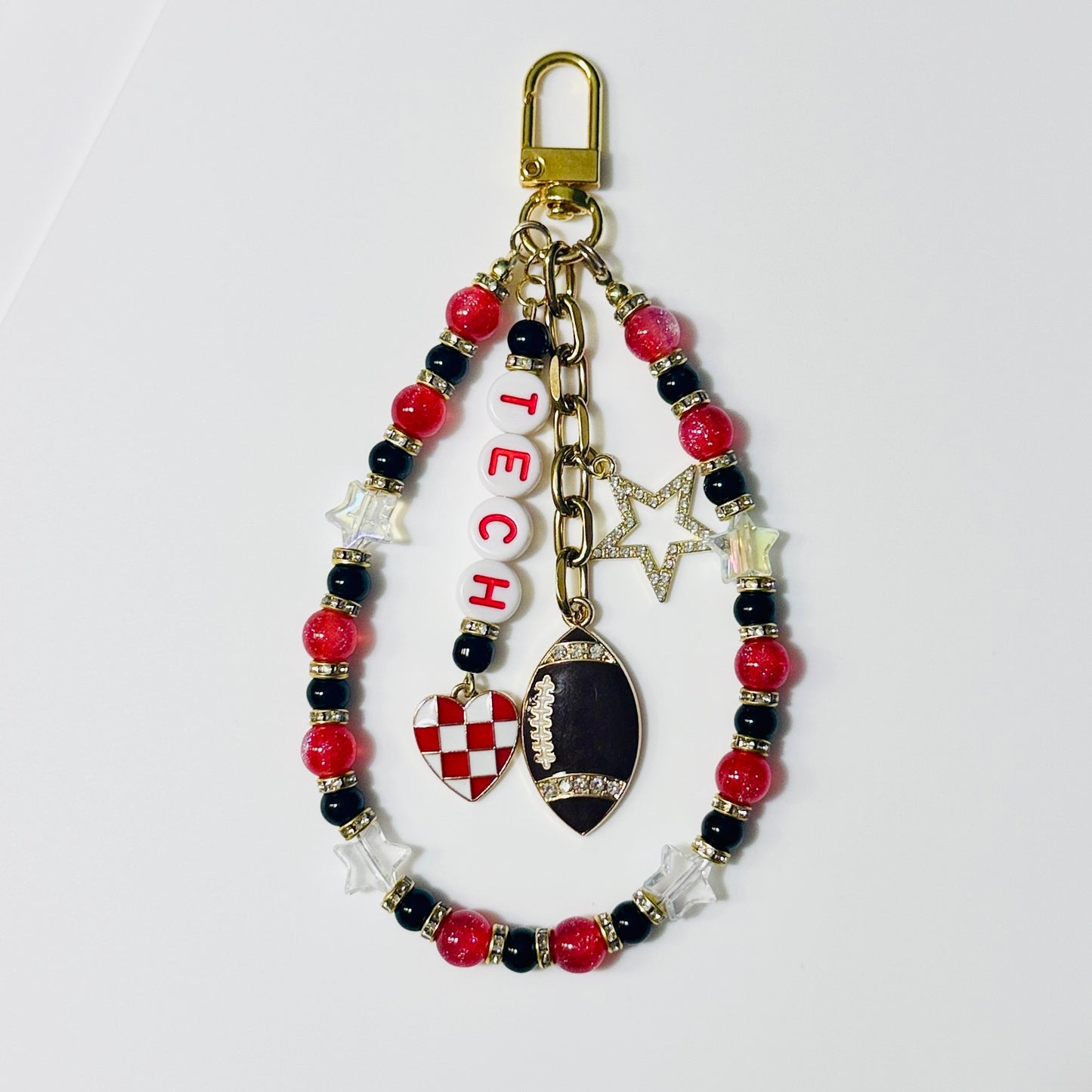 Tech College Football Bag Charm – Red, Black & White Beaded Keychain with Charms – Game Day Purse Clip – Handmade Spirit Gift