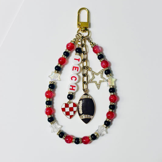 Tech College Football Bag Charm – Red, Black & White Beaded Keychain with Charms – Game Day Purse Clip – Handmade Spirit Gift