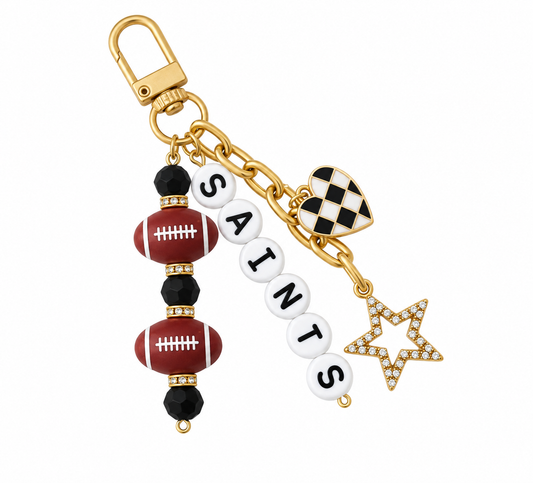 Saints Football Beaded Keychain: Gold Bag Charm with Enamel Heart and Star
