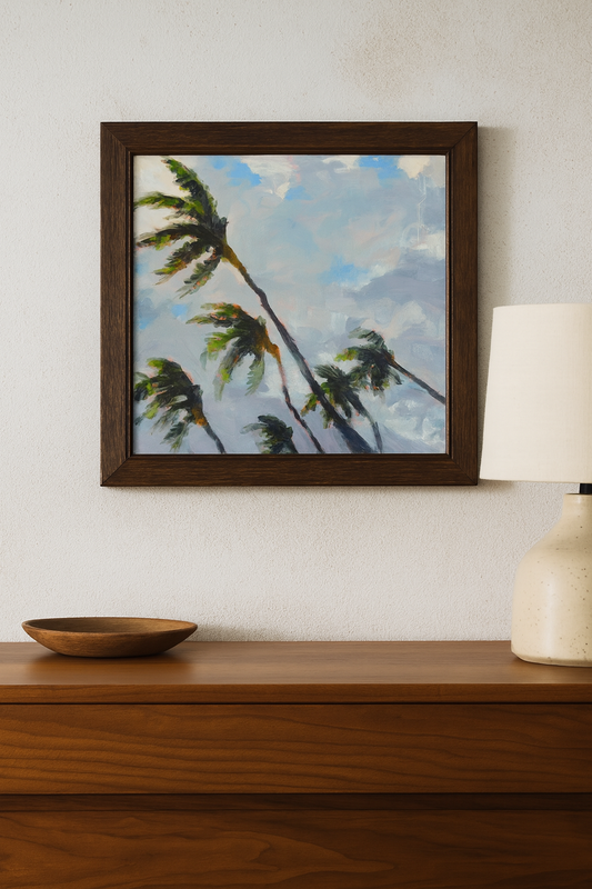 Coastal Palm Tree Original Oil Painting or Giclée Print: Cloudy Beach Landscape Art