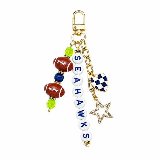 Seahawks Beaded Keychain: Football Bag Charm with Enamel Heart and Star
