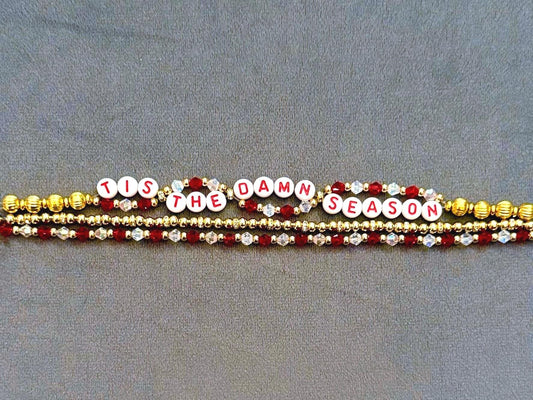 ’tis the damn season Bracelet Stack – Red and Gold Triple Layer Bracelet, Era Inspired Holiday Jewelry, Handmade Christmas Gift