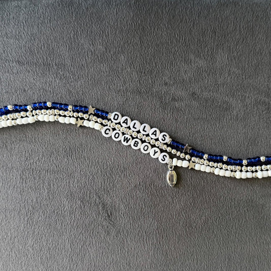 Cowboys Football Bracelet Stack – Blue, Silver, and White 3-Piece Set with Football Charm, Game Day Jewelry, Handmade Fan Gift