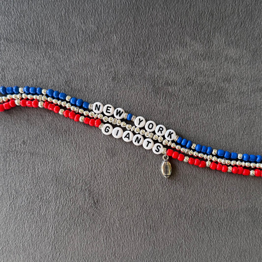 Giants Football Bracelet Stack – 3-Piece Red, Blue & Silver Stretch Bracelet Set with Football Charm, NY Fan Gift