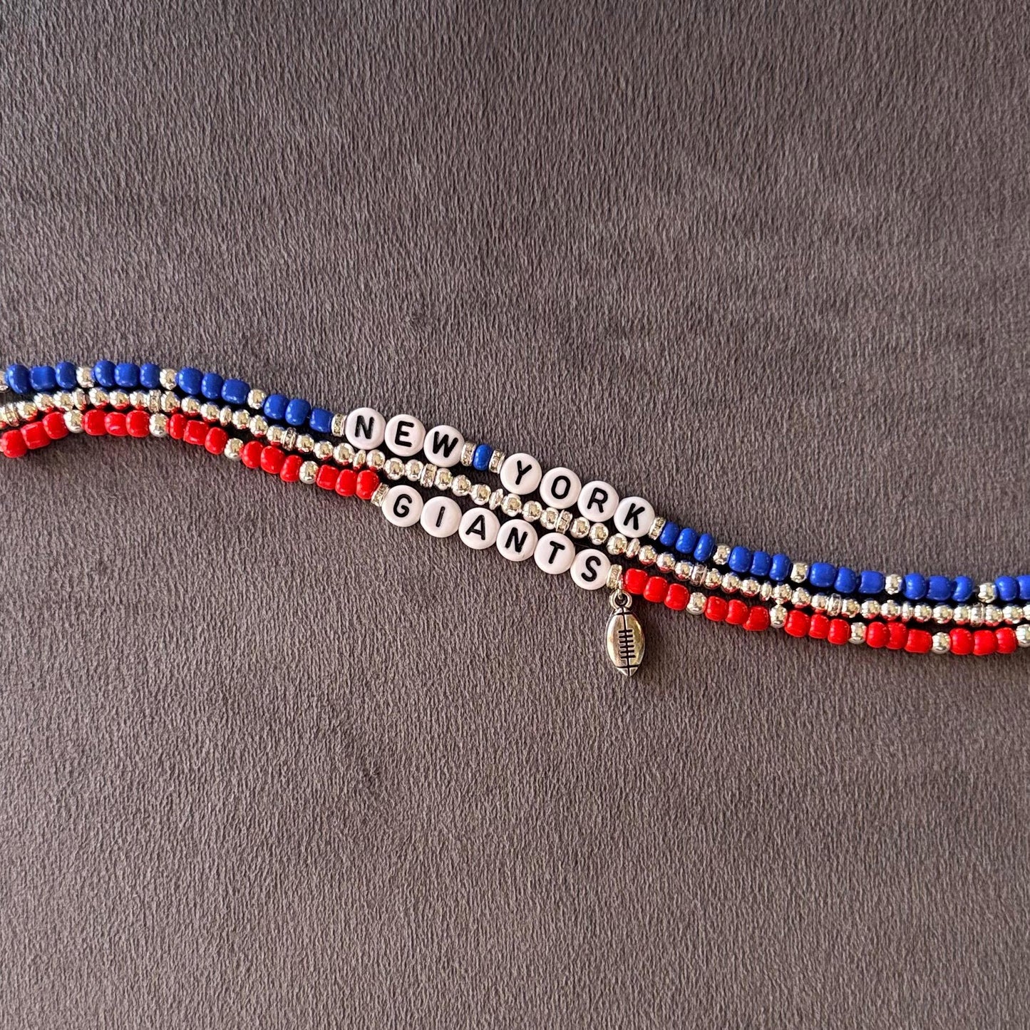 Giants Football Bracelet Stack – 3-Piece Red, Blue & Silver Stretch Bracelet Set with Football Charm, NY Fan Gift