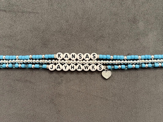 Jayhawks Bracelet Stack – Light Blue and Silver Beaded 3-Piece Set, Stretch Bracelets, Game Day Jewelry, Handmade Fan Gift