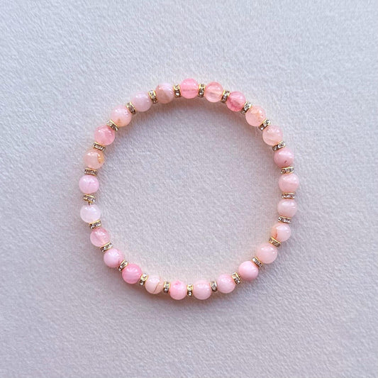 Rose Quartz and Rhinestone Bracelet – Handmade Stretch Bracelet for Love and Healing, Soft Pink Crystal Gift