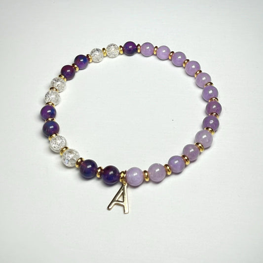 Amethyst and Quartz Bracelet with Letter Charm – Made-to-Order Personalized Crystal Bracelet, Handmade Gift for Her