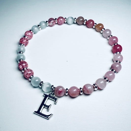 Rose Quartz Bracelet with Letter Charm – Personalized Pink Beaded Bracelet, Handmade Minimalist Jewelry Gift for Her