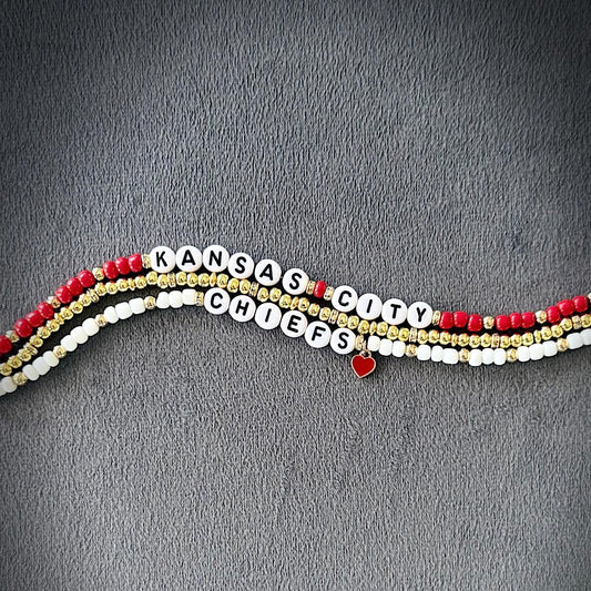 Kansas City Football Bracelet Stack – 3-Piece Red & Gold Beaded Stretch Bracelet Set, Handmade Game Day Jewelry Fan Gift