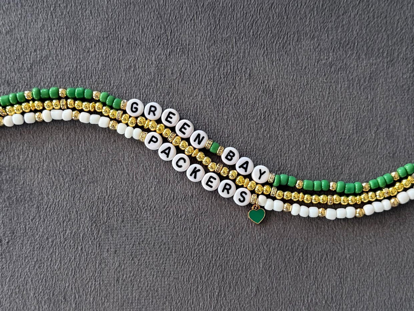Packers Football Bracelet Stack – 3-Piece Green, Gold & White Stretch Bracelet Set with Heart Charm
