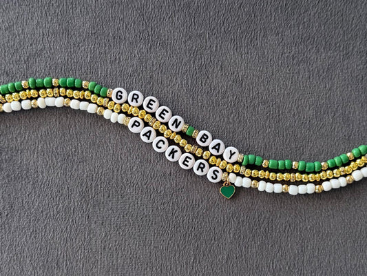 Packers Football Bracelet Stack – 3-Piece Green, Gold & White Stretch Bracelet Set with Heart Charm