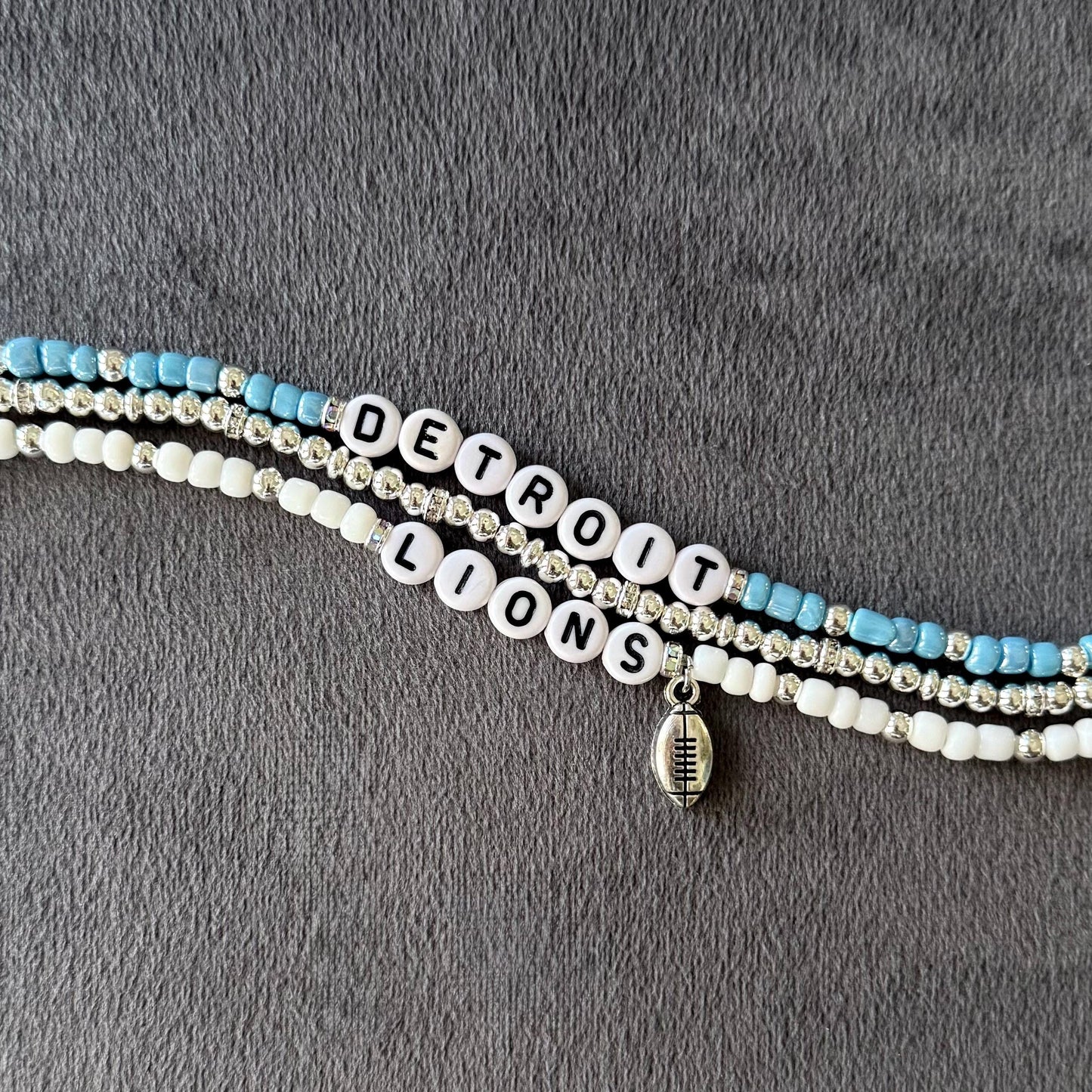 Detroit Lions Football Bracelet Stack – Blue, Silver, and White 3-Piece Set with Football Charm, Game Day Jewelry, Handmade Fan Gift