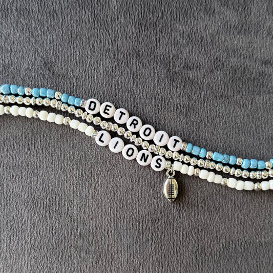 Detroit Lions Football Bracelet Stack – Blue, Silver, and White 3-Piece Set with Football Charm, Game Day Jewelry, Handmade Fan Gift