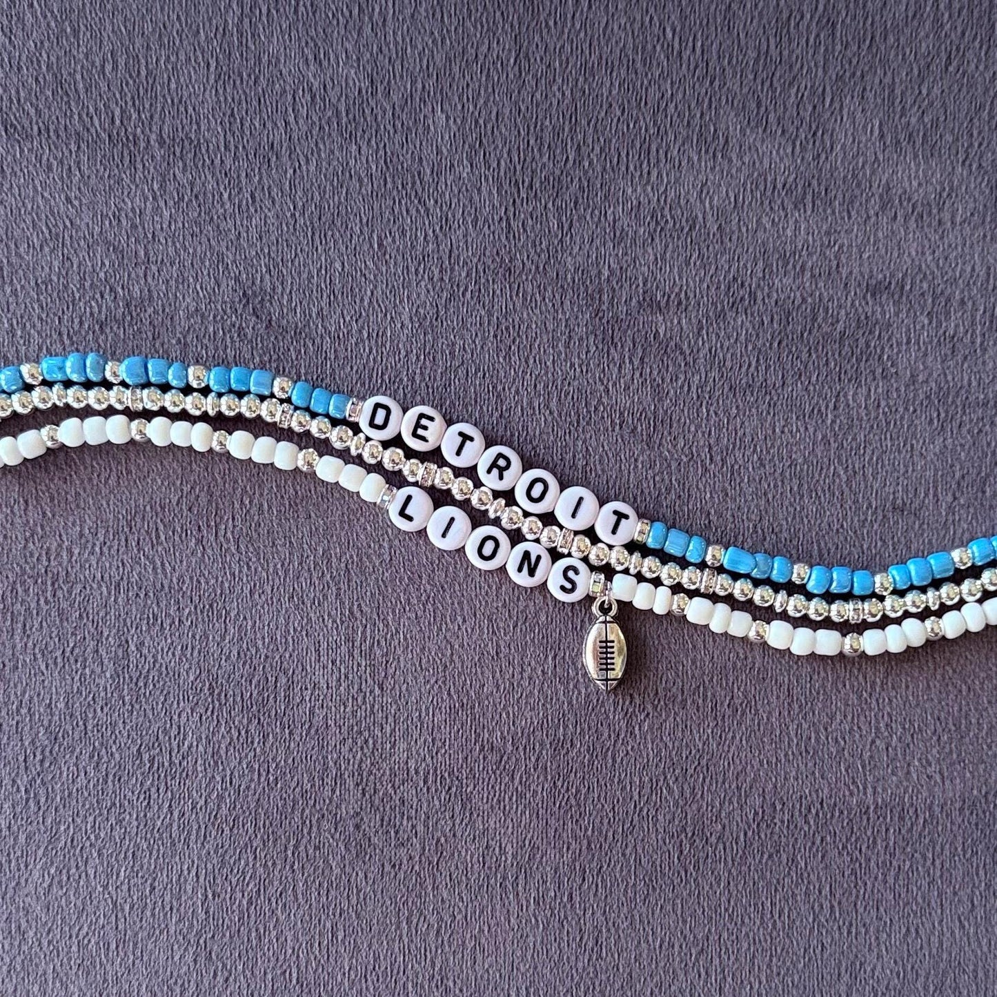 Detroit Lions Football Bracelet Stack – Blue, Silver, and White 3-Piece Set with Football Charm, Game Day Jewelry, Handmade Fan Gift