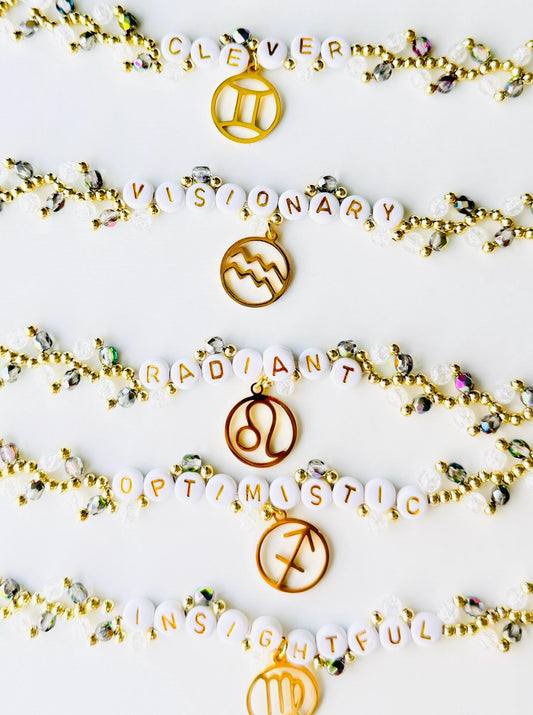 Zodiac Charm Bracelet with Clear Quartz – Personalized Astrology Bracelet, Custom Birth Sign Gift, Handmade Crystal Jewelry