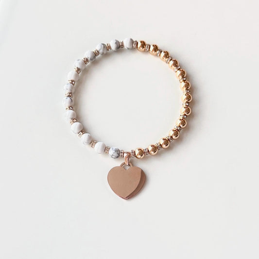 White Howlite Charm Bracelet – Rose Gold Heart Charm, Handmade Inspirational Bracelet, Calming Natural Gemstone Jewelry