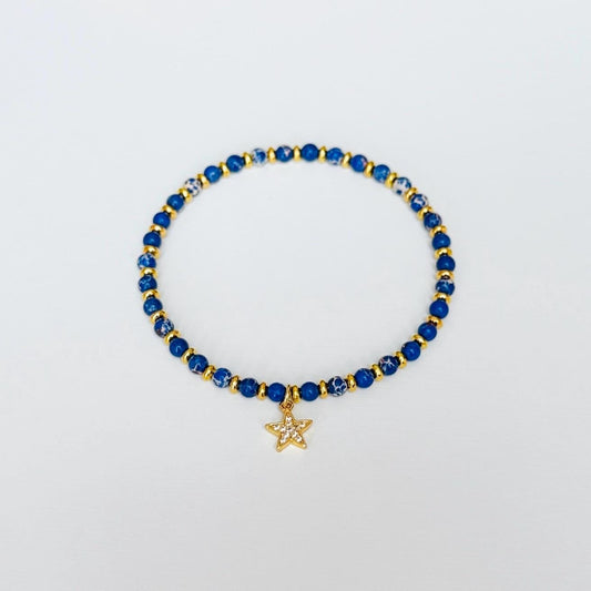 Blue Healing Stone Bracelet – Natural Gemstone Stretch Bracelet with Star Charm, Handmade Inspirational Jewelry