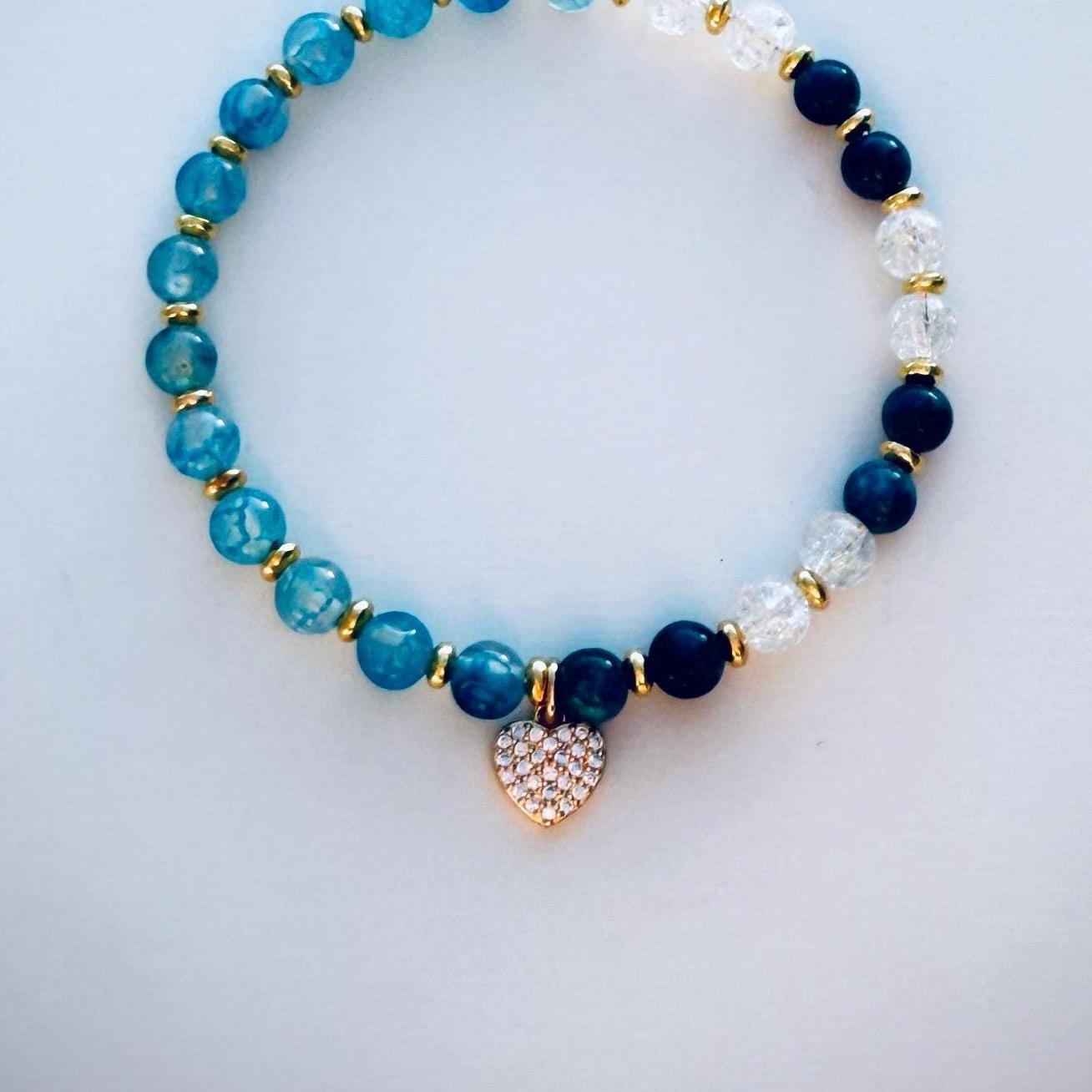 Alignment Blue Gemstone Bracelet – Handmade Beaded Bracelet with Heart Charm, Made to Order Inspirational Jewelry