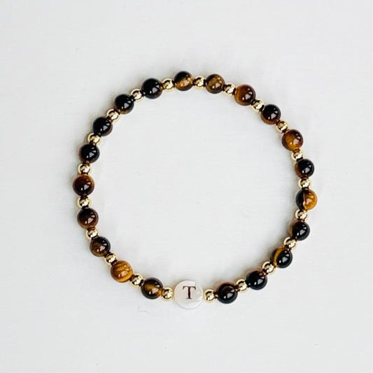 Tiger’s Eye Protection Bracelet – Natural Gemstone Beaded Bracelet with Shell Initial & Gold Accents, Handmade Energy Gift
