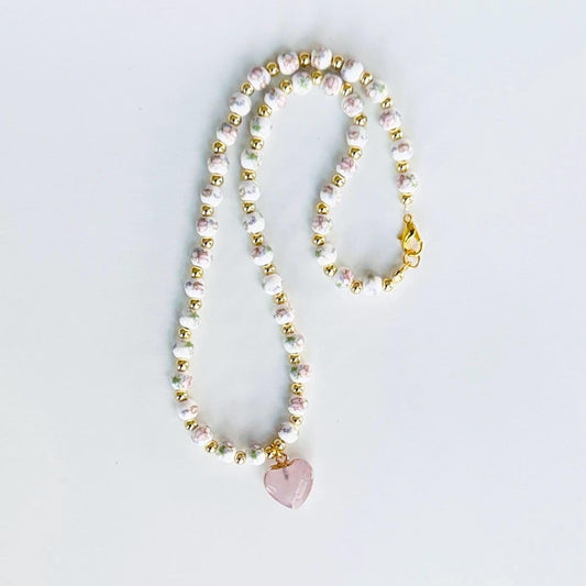 Rose Quartz Pendant Necklace – Pastel Floral Porcelain Beads, Handmade Romantic Gift, Heart Chakra Crystal Jewelry