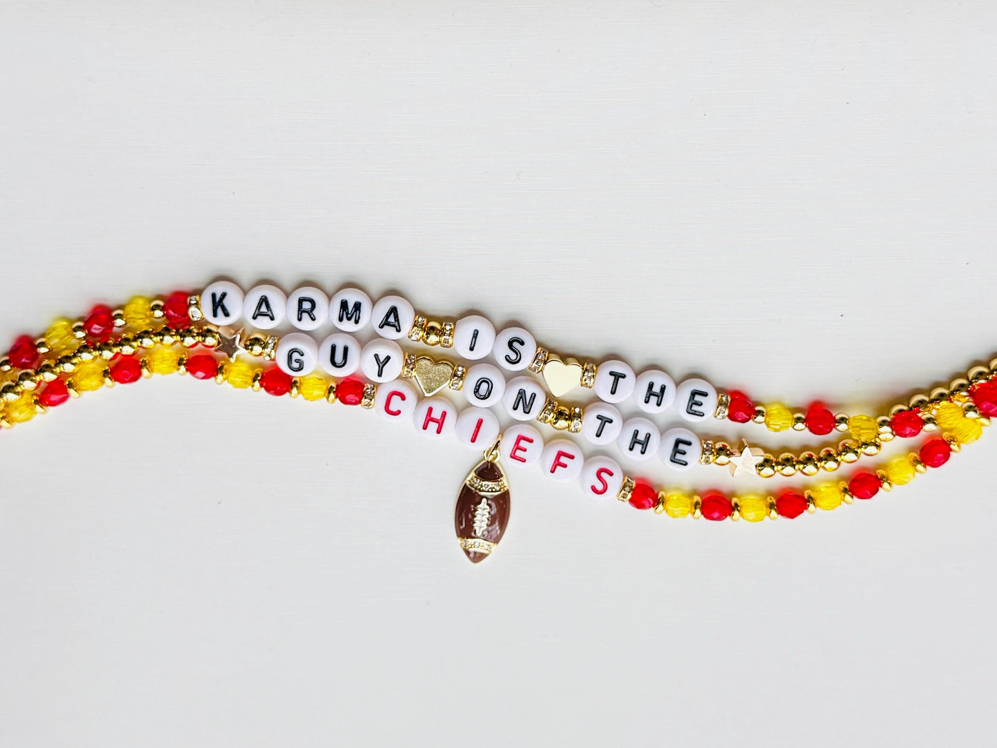 Karma is the Guy on the Chiefs Bracelet Stack – Triple Beaded Bracelet Set, KC Football Fan Gift, Handmade Jewelry