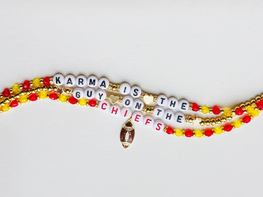 Karma is the Guy on the Chiefs Bracelet Stack – Triple Beaded Bracelet Set, KC Football Fan Gift, Handmade Jewelry
