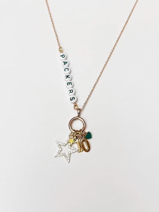 Packers Football Charm Necklace – Custom Game Day Jewelry with Name or Number, Handmade Fan Gift