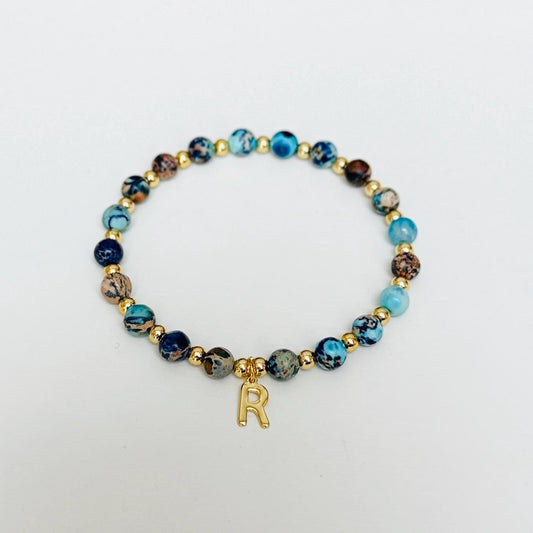 Anti-Stress Stone Bracelet – Natural Gemstone with Personalized Initial Charm, Inspirational Stretch Bracelet Gift