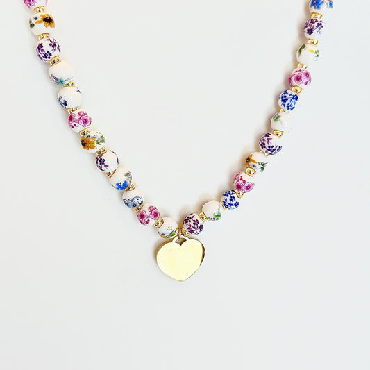 Porcelain Floral Bead Choker with Gold-Plated Heart Charm