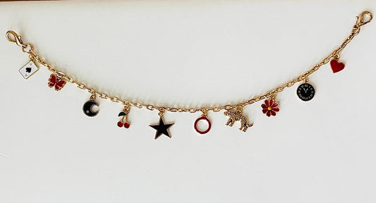 Slay Vibes Bag Charm – Gold Plated Chain with 10 Charms, Black and Red Beaded Keychain, Customizable Gift for Her