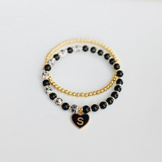 Black Onyx & Floral Bracelet Stack – Natural Gemstone Beaded Set with Gold-Plated Beads & Custom Initial Charm