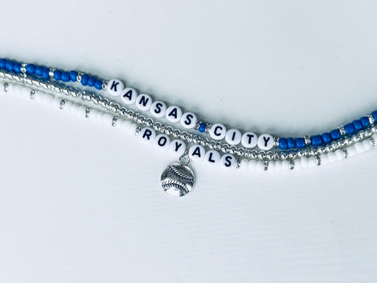 Kansas City Baseball Bracelet Stack – 3-Piece Blue, White & Silver Stretch Bracelet Set, Game Day Jewelry Gift