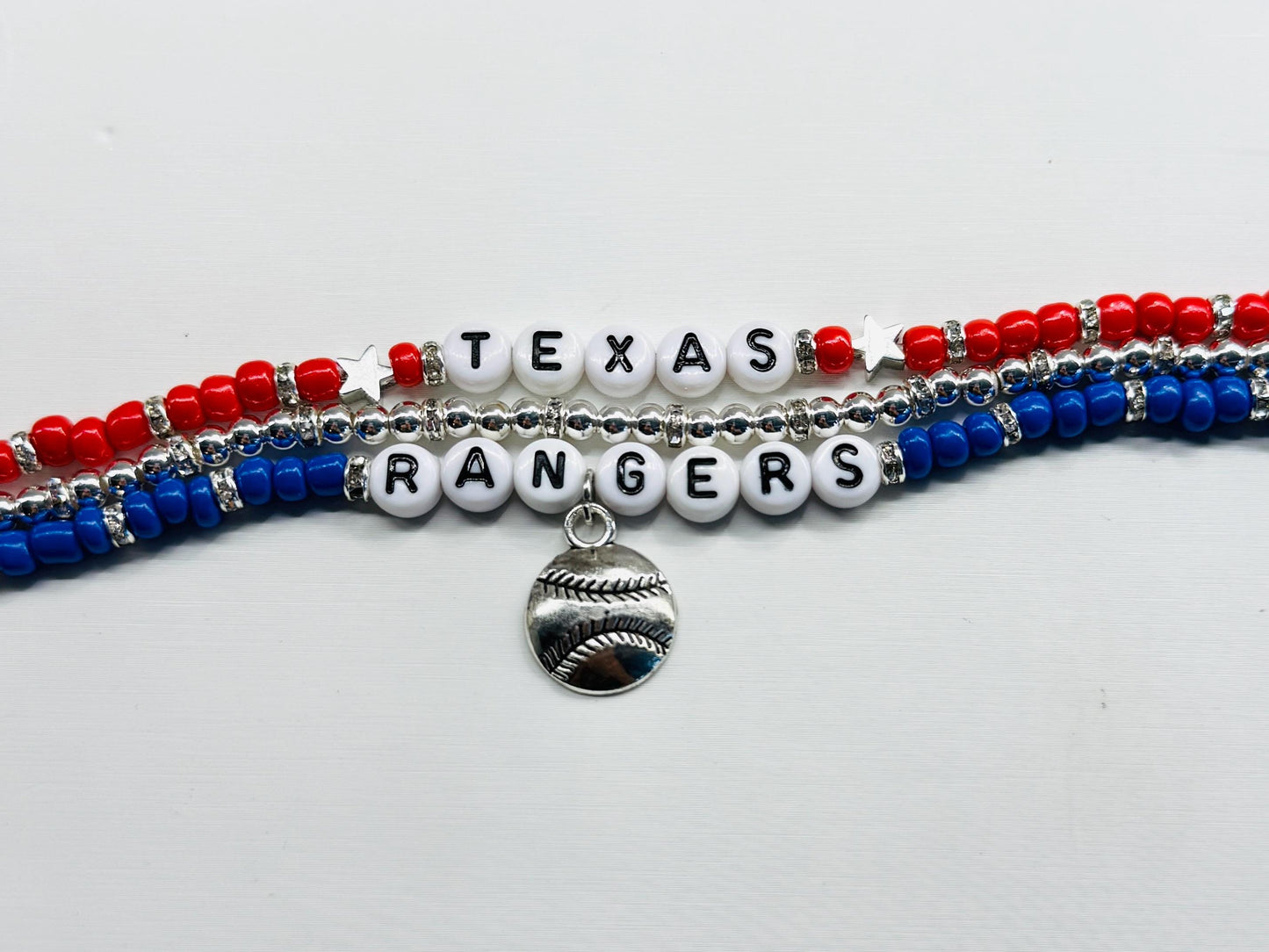 Texas Baseball Bracelet Stack – 3-Piece Blue, Red, and Silver Beaded Set, Handmade Game Day Jewelry and Fan Gift