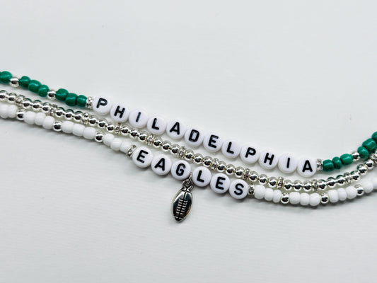 Eagles Football Bracelet Stack – Silver and White Beaded Game Day Jewelry with Football Charm, Handmade Fan Gift, Go Birds