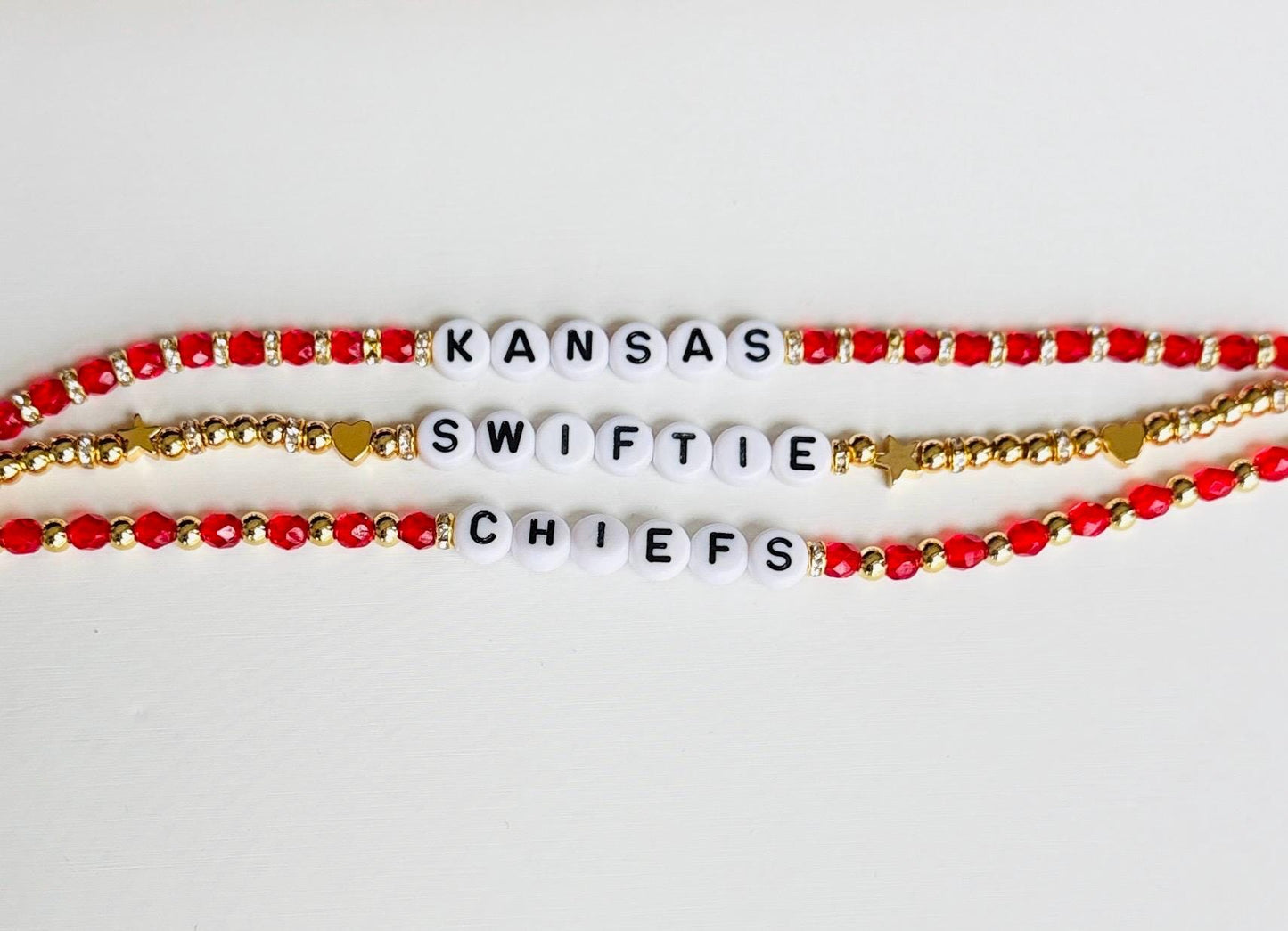 Kansas Swiftie Football Bracelet Stack – Red and Gold Beaded Game Day Jewelry, Handmade Fan Gift Inspired by Pop Culture and Football