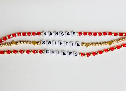 Kansas Swiftie Football Bracelet Stack – Red and Gold Beaded Game Day Jewelry, Handmade Fan Gift Inspired by Pop Culture and Football