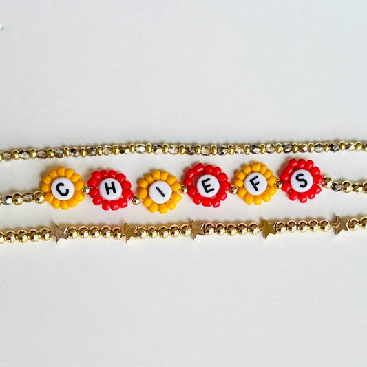 Kansas City Football Poms Bracelet Stack – Red and Gold Beaded Stretch Bracelets, Handmade Game Day Jewelry and Fan Gift