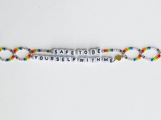 Safe With Me LGBTQIA+ Bracelet – Rainbow Beaded Pride Bracelet, Handmade Ally Jewelry, Inclusive Gift for LGBTQ+ Support